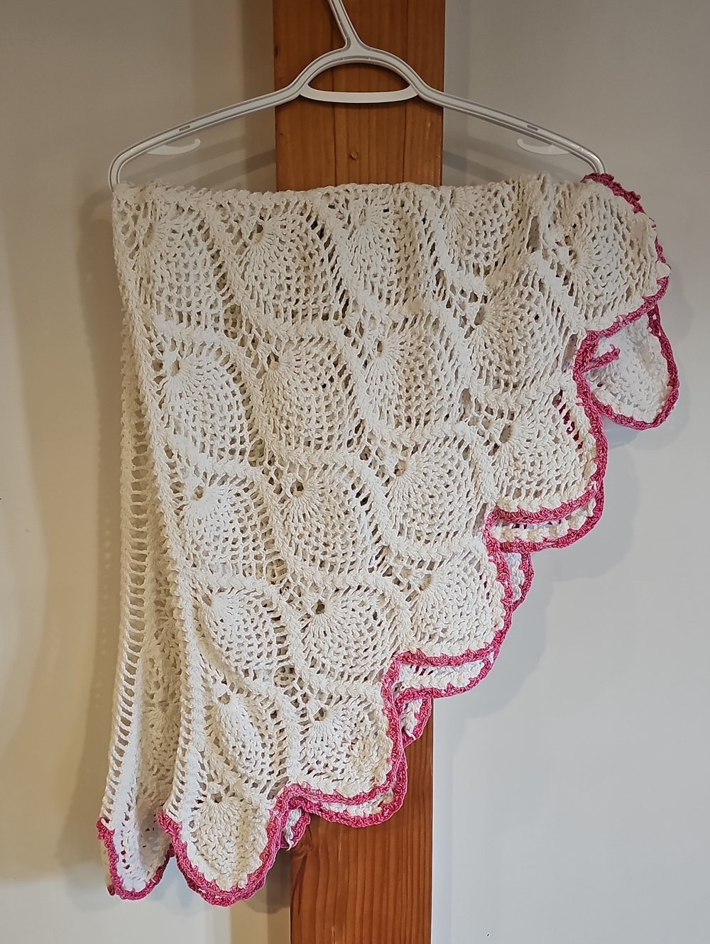 Handmade Crochet Tablecloth with Pink Trim
